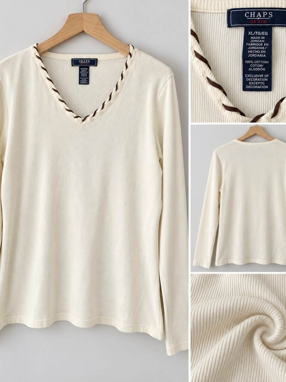 Chaps Cream V-Neck Long Sleeve Top with Braided Trim